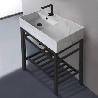 Modern Marble Design Ceramic Console Sink and Matte Black Base Scarabeo 5115-F-CON2-BLK